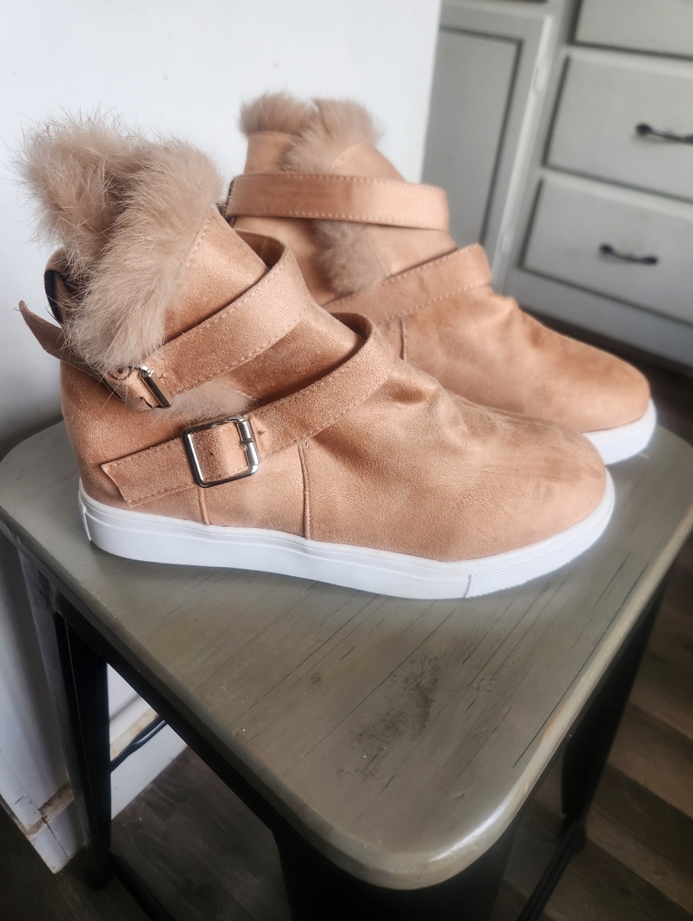 Women's Faux Fur Suede High-Top Sneaker Bootie In Tan